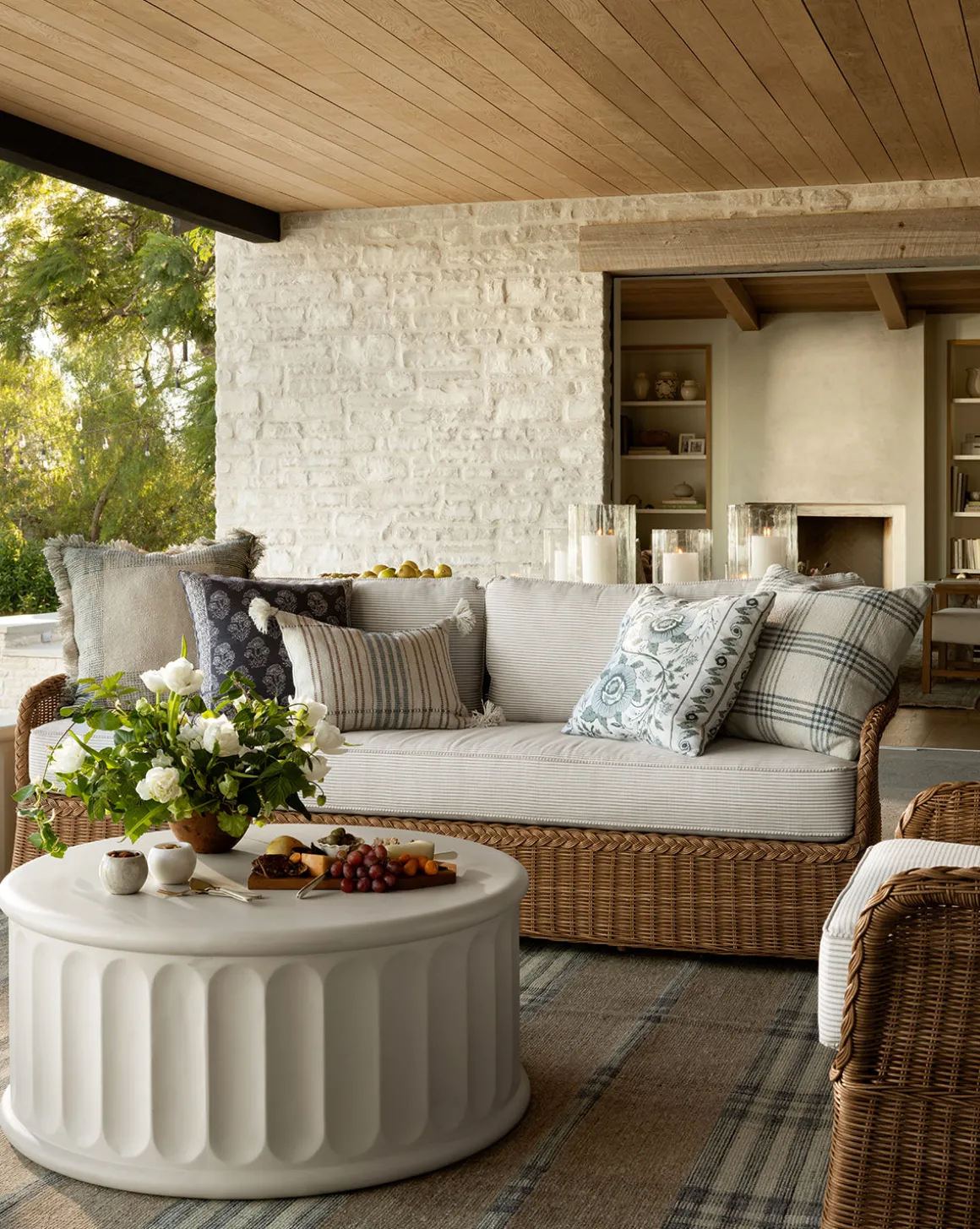 Haviland Outdoor Sofa with Perennials Taupe Stripe 88"